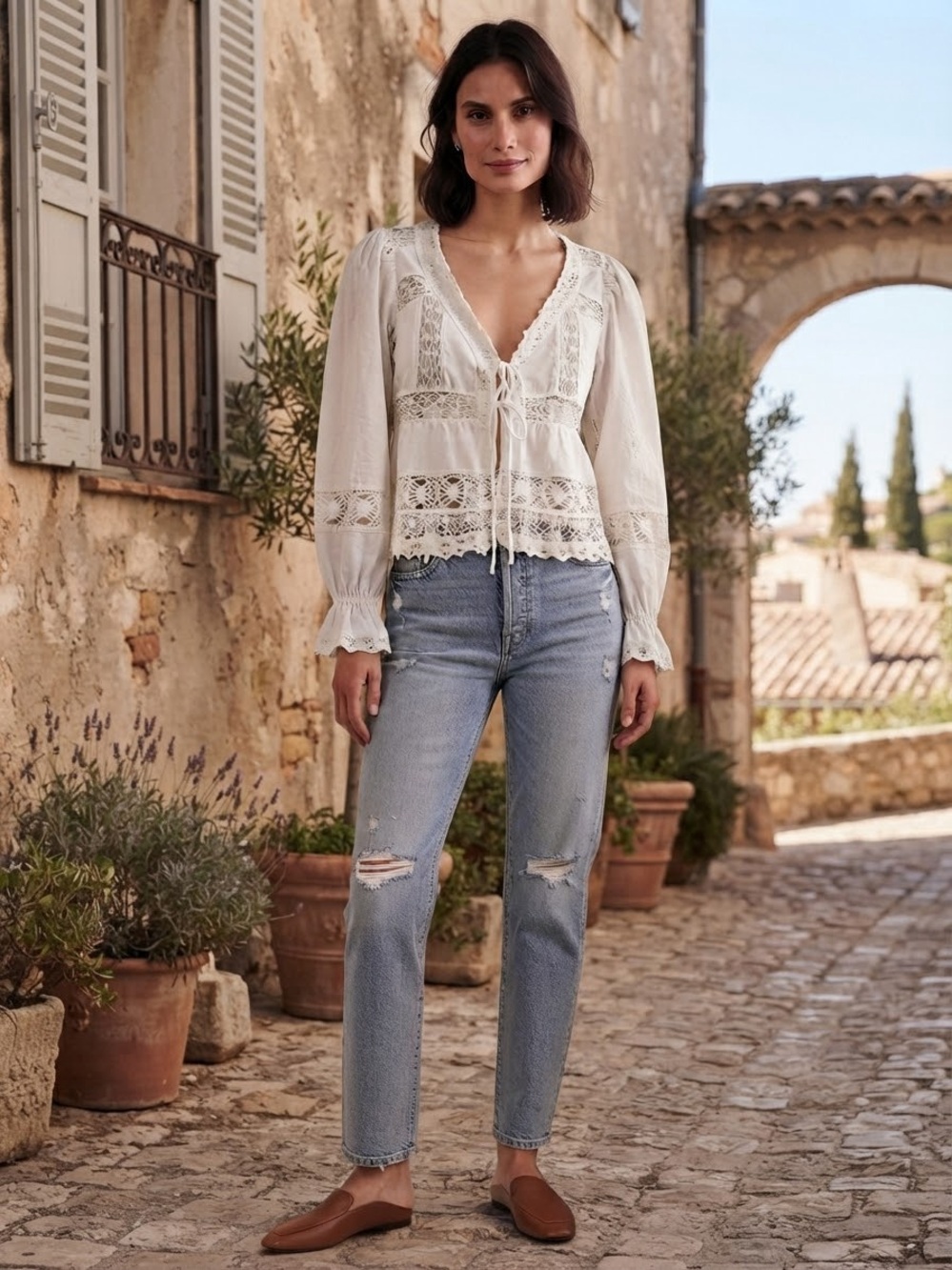 Free People Ivory Lace-Trim Peasant Blouse